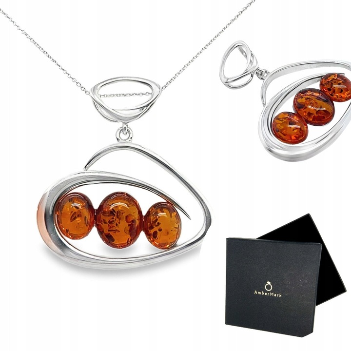 Pandantiv din argint cu chihlimbar, 37.6x40.4mm, chihlimbar baltic