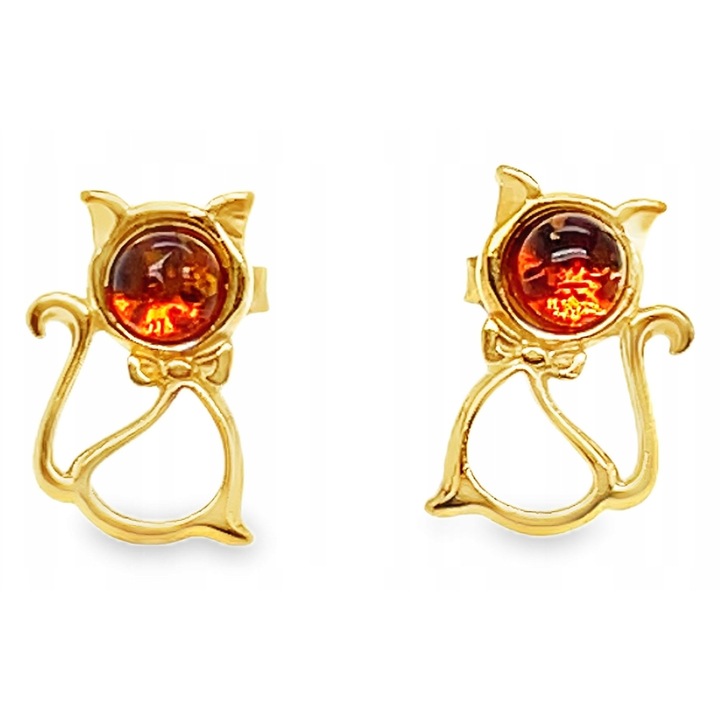 Cercei din argint placati cu aur, cu chihlimbar, 15.2x9.7mm, culoare chihlimbar coniac, model pisica