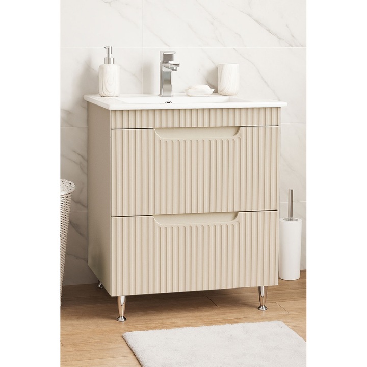 Baza si lavoar MDF, Badenmob, seria 033, cu sertare, 60x46x81cm, Crem