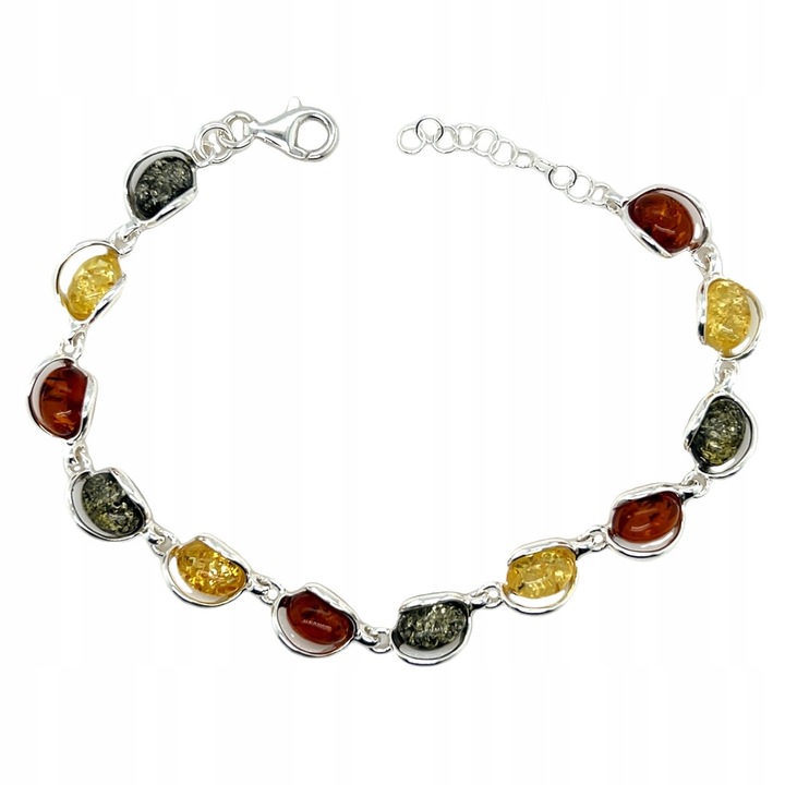 Bratara din argint cu chihlimbar baltic, 21cm, culori: chihlimbar coniac, verde, lamaie