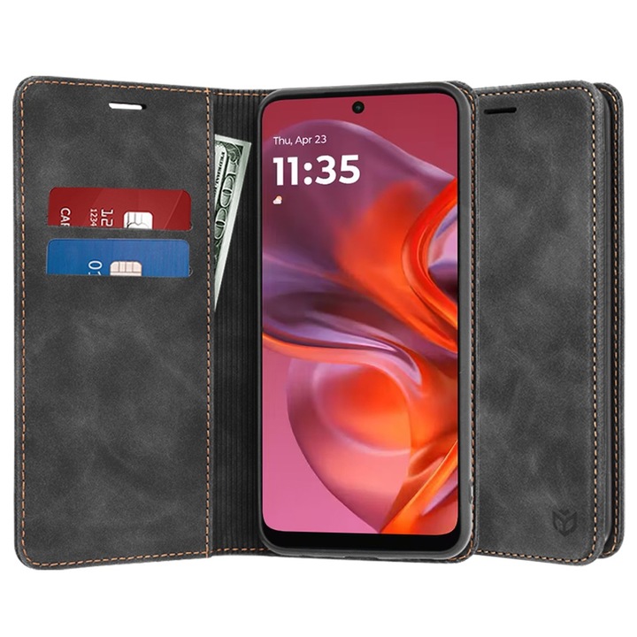 Husa pentru Motorola Moto G05 / E15 DaDen® Tip Carte, Confy Cover, Suport card, Functie de Stand si Inchidere Magnetica, Protectie Sporita, Piele ecologica, Negru