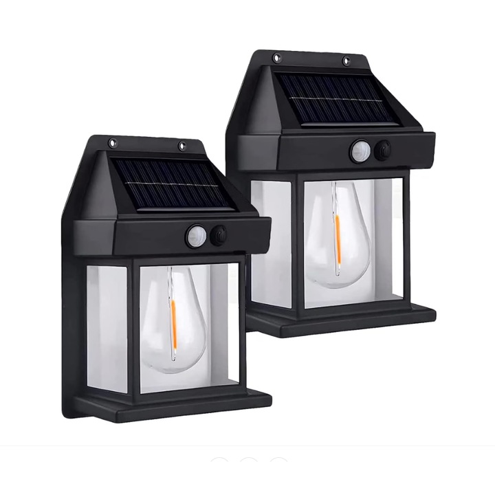 Set 2 x Lampa solară King Zggzerg, 3 moduri de funcționare, negru, 17x6x12cm