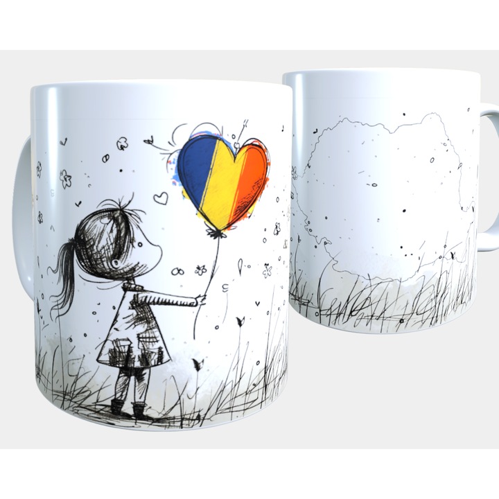 Cana ceramica personalizata „Romania in inima noastra” – 330 ml, alba