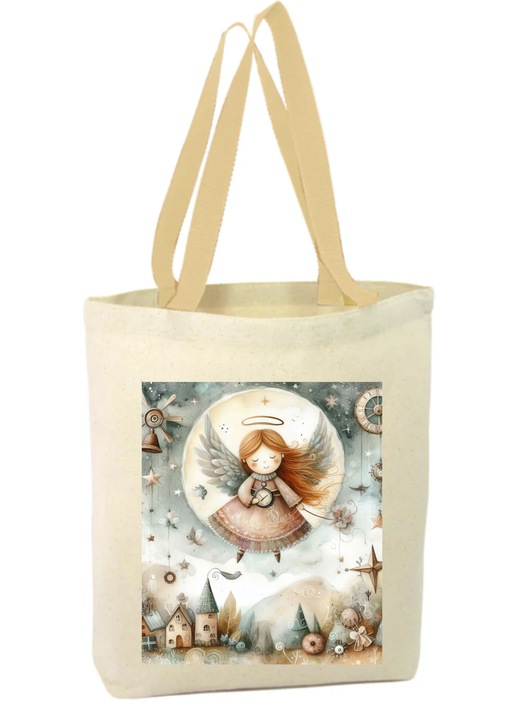Vászon táska cipzárral, két fogantyúval, angyalka és telihold képpel