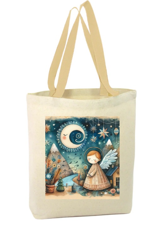 Vászon táska cipzárral, két fogantyúval, téli ünnepi kép angyalkával