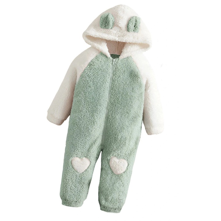 Детска пижама тип гащеризон, Kids, с ушички, зелена, 3-4 години, 110 CM