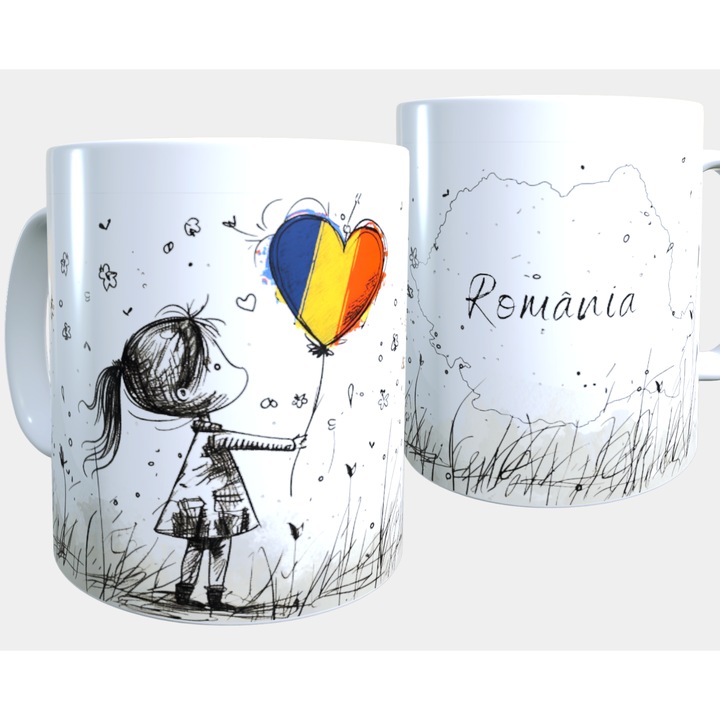 Cana ceramica personalizata „Romania” – 330 ml, alba