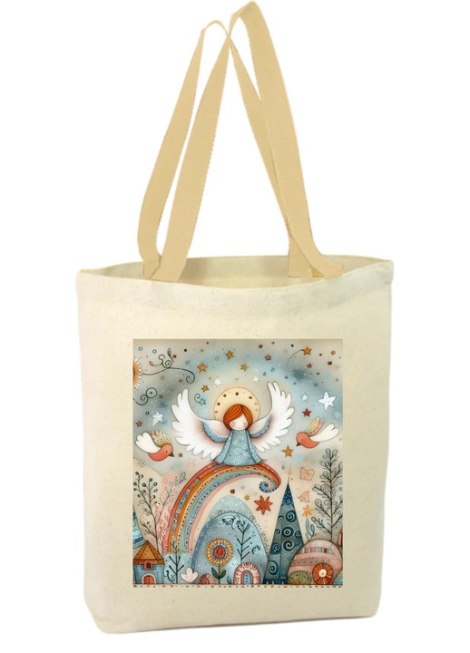 Vászon bevásárlótáska cipzárral, két fogantyúval, angyal és galamb képével