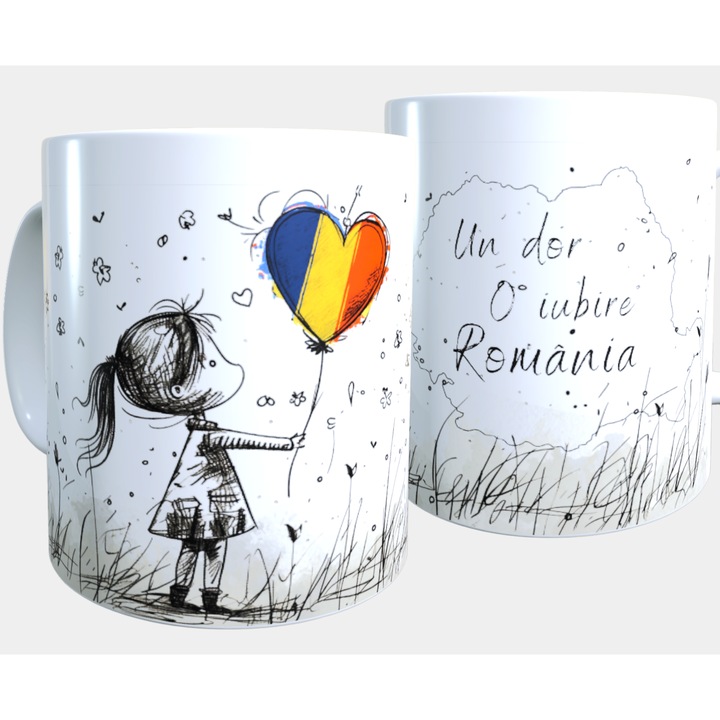 Cana ceramica personalizata „Un dor, o iubire, Romania” – 330 ml, alba