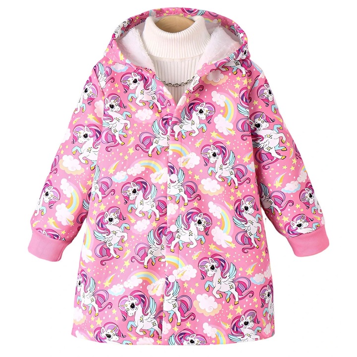 Geaca copii, Girls, unicorni cu curcubeu, captusita, gluga, poliester