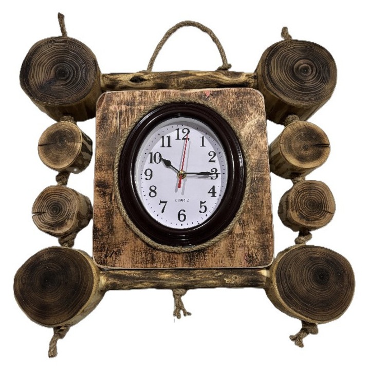 Ceas de perete vintage din lemn cu decor din sfoara tip connected