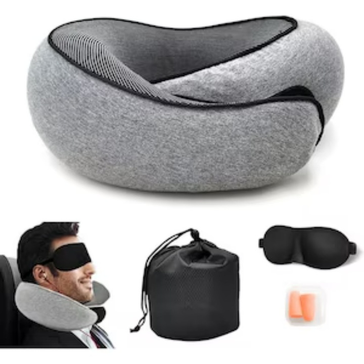 Perna de gat ergonomica din memory foam – confort premium in avion, masina sau acasa! Compacta, suporta perfect capul si gatul, ideala atat pentru adulti, cat si pentru copii. Marime ajustabila, 3 accesorii incluse, Gri