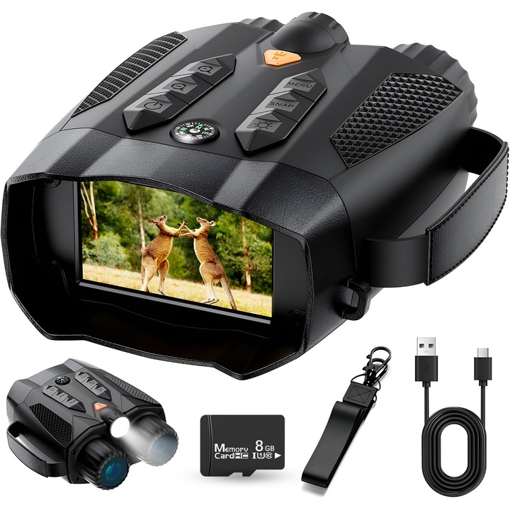 Цифров бинокъл за нощно виждане 4K Night Vision TECHNOVICI, Инфрачервен 7 нива 800м разстояние, 10x оптично увеличение, Видео/Фото запис 48MP, 3 инчов екран, Тактически LED фенер, Вграден компас, Съхранение на памет, 5000mAh батерия, Бързо зареждане, 8GB