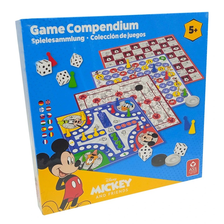 Set de jocuri de societate 4in1, Mickey Mouse, 2 table de joc, 4x4 piese, 2x12 pietre, 5 zaruri, carton, plastic, 5+