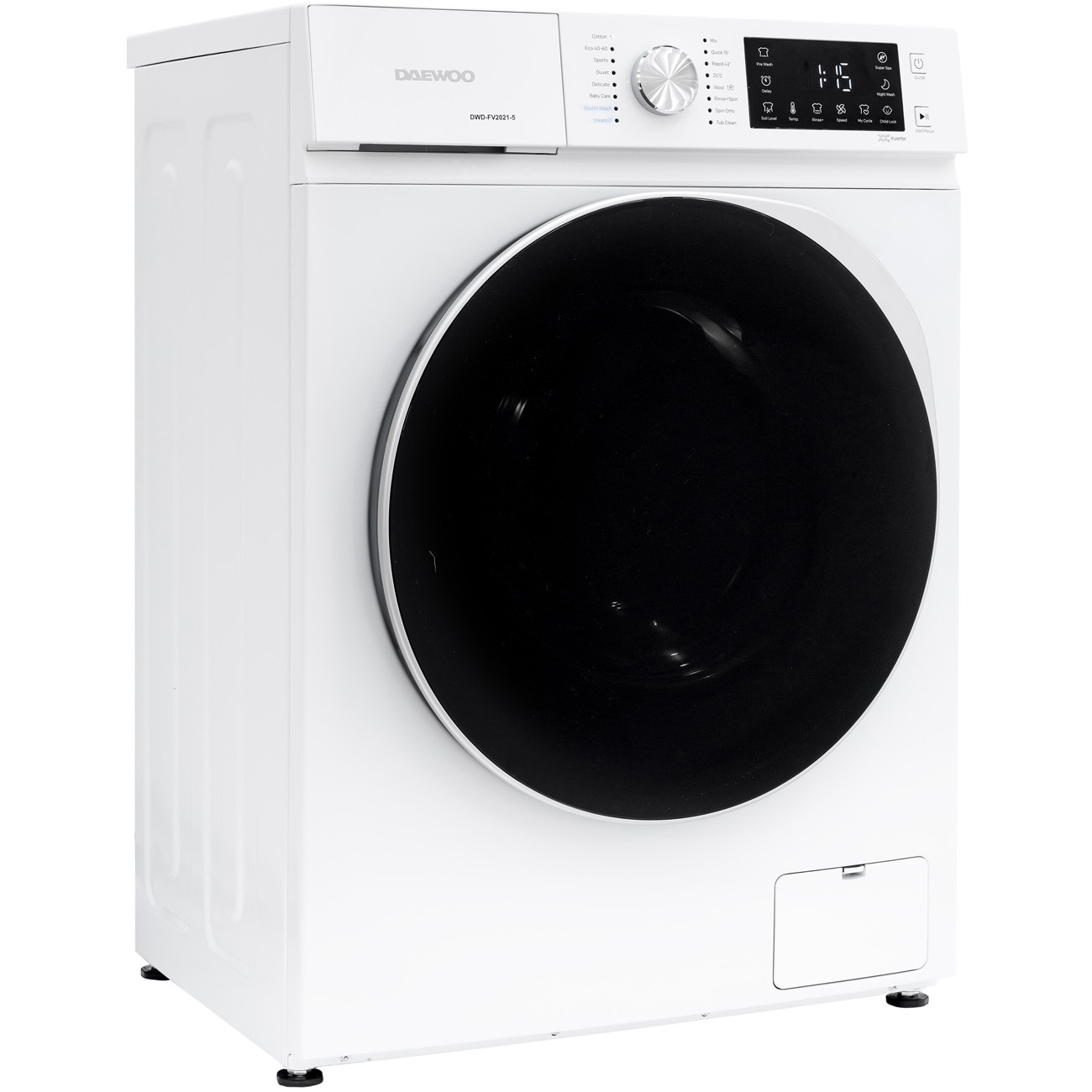 Masina de spalat rufe Daewoo DWD-FV2021-5, motor inverter 7 kg, 1200 rpm, clasa A-10%, 16 programe, butoane touch, usa dubla neagra (PC Cover), culoare Alb