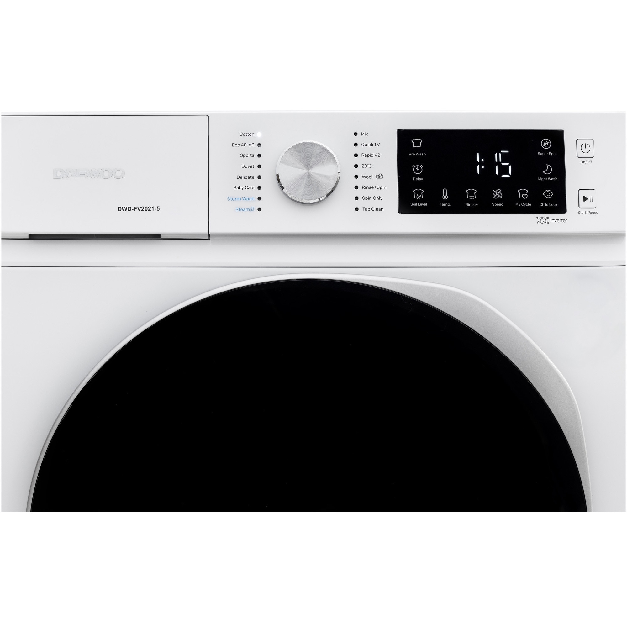 Masina de spalat rufe Daewoo DWD-FV2021-5, motor inverter 7 kg, 1200 rpm, clasa A-10%, 16 programe, butoane touch, usa dubla neagra (PC Cover), culoare Alb