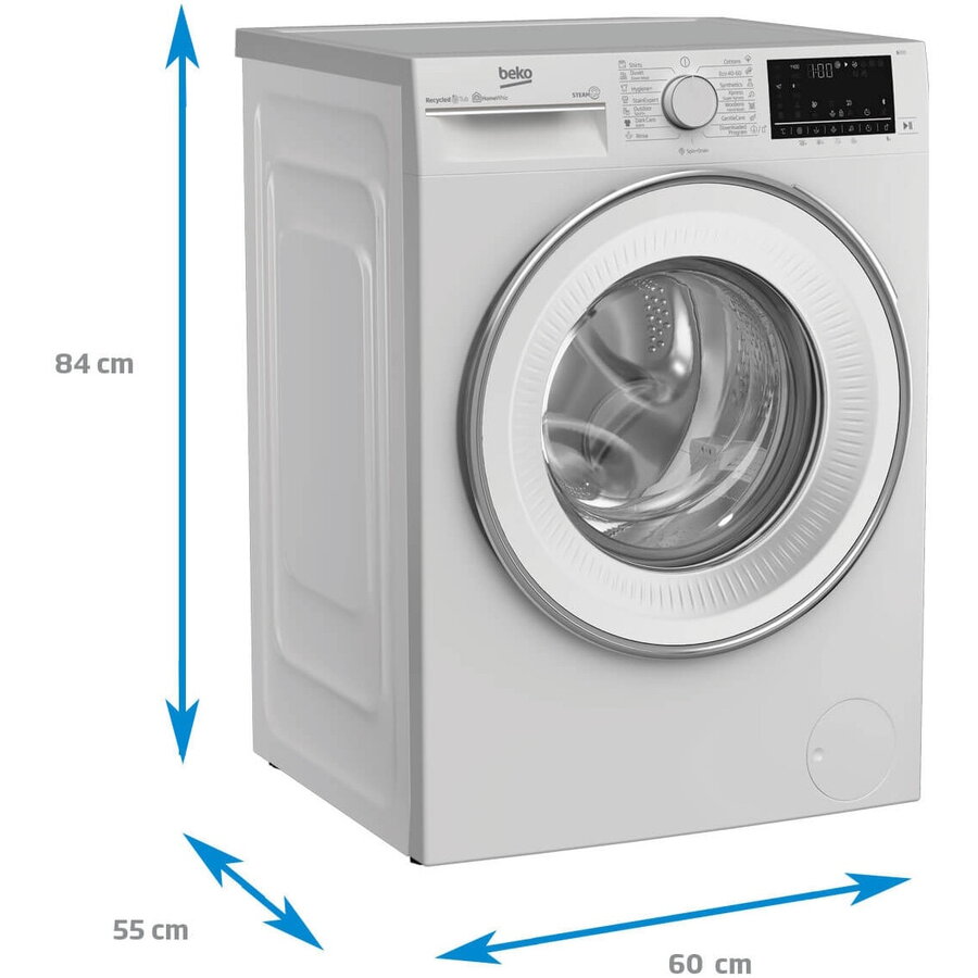 Masina de spalat rufe Beko, 9kg, Clasa A, 1400 rpm, 60 cm, Motor ProSmartInverter, Energy Spin, Recycled Tub, Steam Cure, Display, Alb