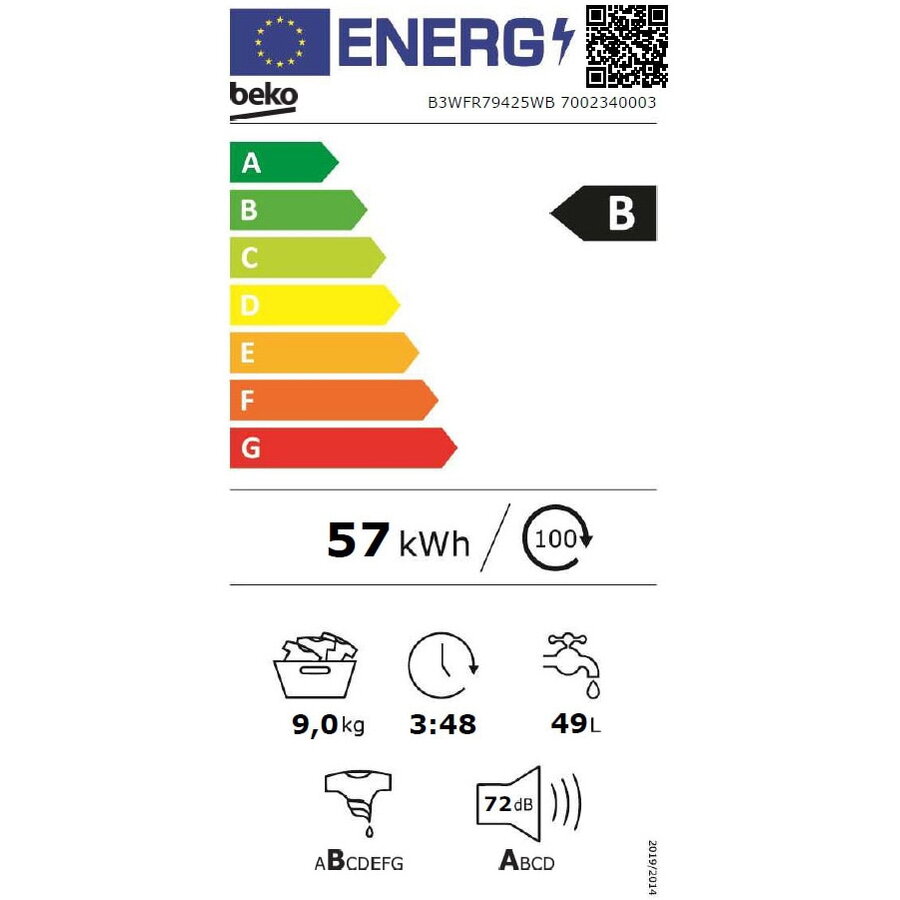 Masina de spalat rufe Beko, 9kg, Clasa A, 1400 rpm, 60 cm, Motor ProSmartInverter, Energy Spin, Recycled Tub, Steam Cure, Display, Alb