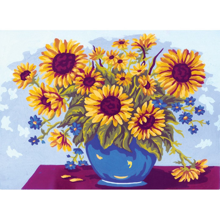 Goblen imprimat pe panza fara ate Collection D`Art "Floarea-soarelui in bol albastru" 22x30 cm