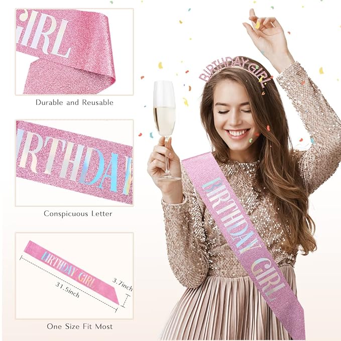 Set tiara si panglica de ziua de nastere, Kengege, roz, 161 strasuri ...