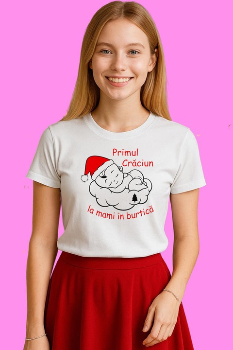 Tricou Dama Craciun Primul Craciun La Mami In Burtica, Alb