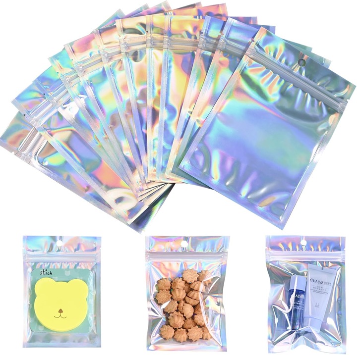 Pachet de 100 pungi holografice, Kengege®10.5x15cm, rezistente la miros, pentru ambalare cadouri si alimente