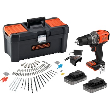 Masina de gaurit si insurubat cu percutie (bormasina) pe acumulator Black & Decker BCD383D2TA, 18 V, 1550 RPM, cuplu 45 Nm, 13 mm mandrina, 2 acumulatori 2 Ah, incarcator, agatatoare curea, cutie depozitare plastic, 120 accesorii, 5 ani garantie