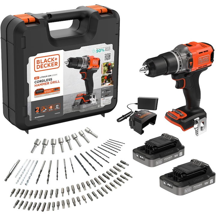 Masina de gaurit si insurubat cu percutie (bormasina) pe acumulator Black & Decker BCD383D2XKA, 18 V, 1550 RPM, cuplu 45 Nm, 13 mm mandrina, 2 acumulatori 2 Ah, incarcator, agatatoare curea, cutie depozitare plastic, 80 accesorii, 5 ani garantie