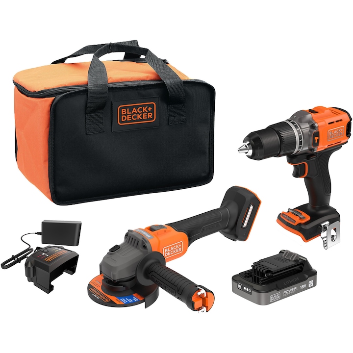 Set masina de gaurit si polizor pe acumulator Black & Decker BCK24E1SB, 18V POWERCONNECT, masina de gaurit cu percutie cuplu 45 Nm, polizor brushless 115mm turatie 7500RPM, 1x acumulator Li-Ion 2.5 Ah, incarcator, geanta transport material textil