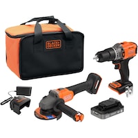Set masina de gaurit si polizor pe acumulator Black & Decker BCK24E1SB, 18V POWERCONNECT, masina de gaurit cu percutie cuplu 45 Nm, polizor brushless 115mm turatie 7500RPM, 1x acumulator Li-Ion 2.5 Ah, incarcator, geanta transport material textil