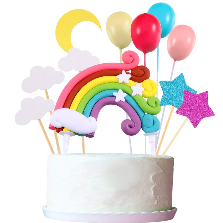 Set accesorii tort Kengege, decoruri curcubeu, 15 piese, multicolor, 10x7cm