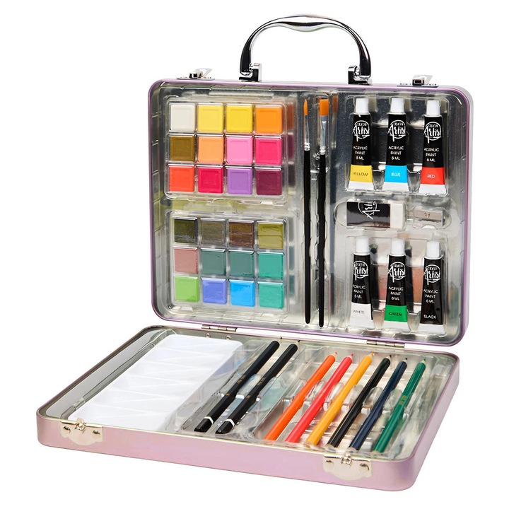 Set de desen creativ cu 43 de piese, Creative Artist, roz, 27cm, set pentru desenat