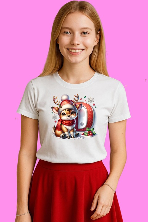 Tricou Dama Craciun D Litera Craciun cu Ren si Fulgi, Alb