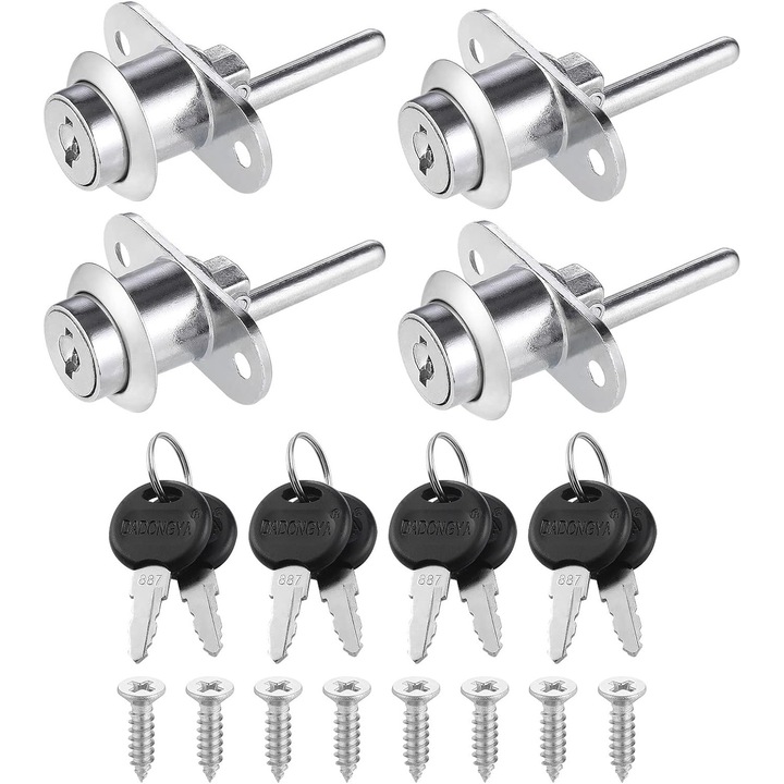 Set 4 incuietori pentru sertare cu chei si suruburi, Aliaj de zinc, Argintiu