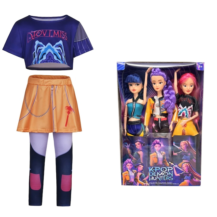 Set Costum si 3 Papusi KPop Demon Hunters, Mira, 7-8 ani, Funny Party Team®