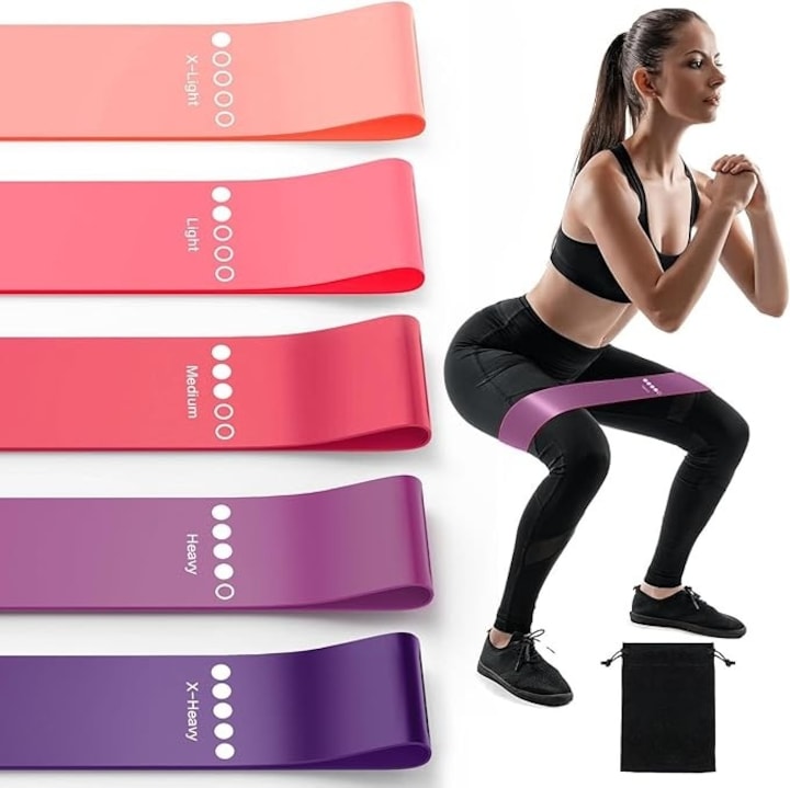 Set 5 benzi elastice Pilates Kengege, pentru intindere si antrenament, portabile, din cauciuc natural, multicolor