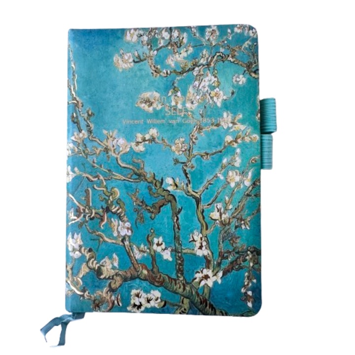 Agenda cartonata, Flori de migdal de Vincent van Gogh, file liniate, margini decorate, 16x11cm