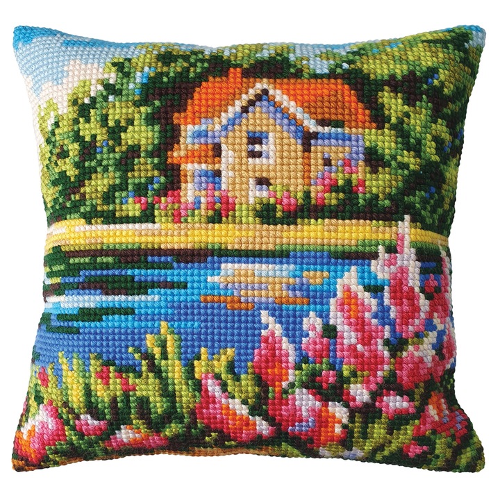 Комплект за бродиране на възглавница Collection D`Art "Къща на езерото" 40x40 см