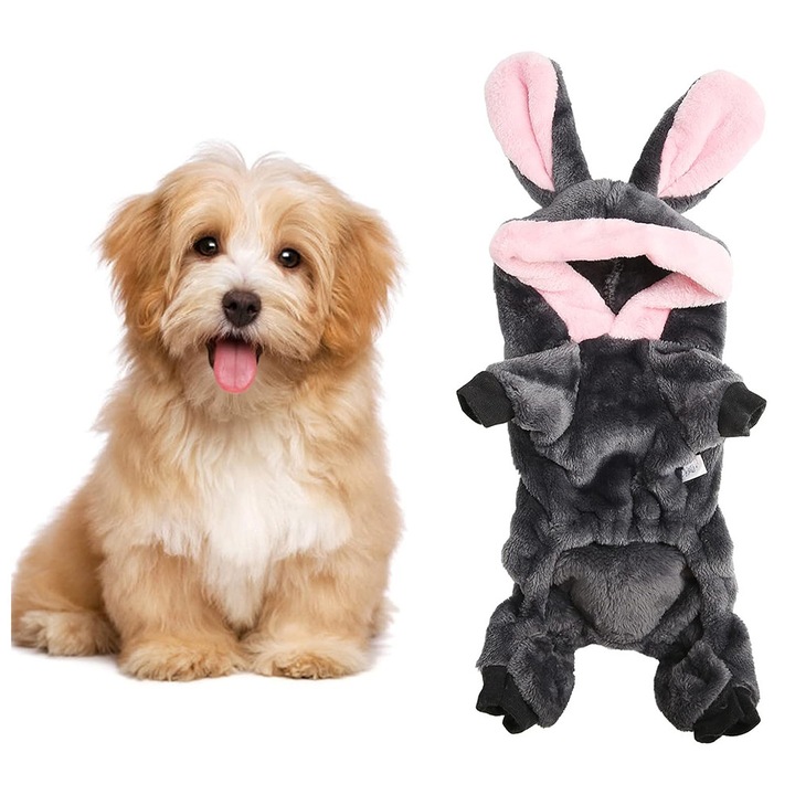 Salopeta Tip Blanita, BunnyPaws, Costum Pufos pentru Caini, Design Iepuras, Elemente Roz, Moale, Material Calduros, Confortabil, Marimea M, 30cm, Usor de Imbracat, Maneci Elastice, Gri