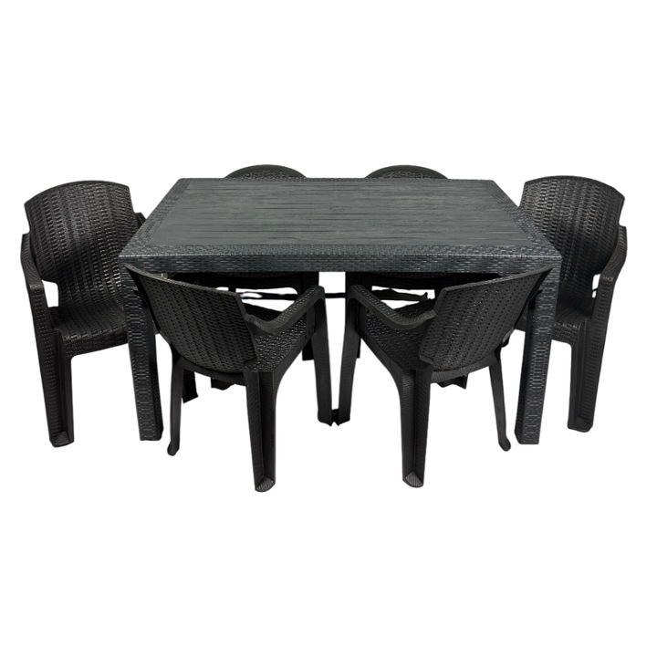 Set mobilier gradină, 6 scaune negre, masă gri antracit 150x90x77cm, plastic, aspect ratan