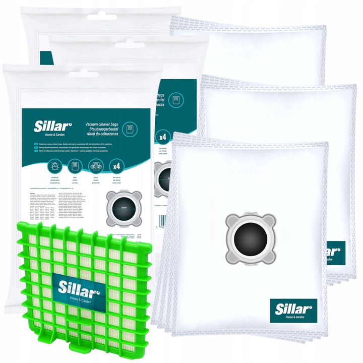 Set filtre de aer + 12 saci sintetici Sillar, pentru aspiratoare, compatibilitate Rowenta, 33,5x29,5x5,2cm, microfibra sintetică