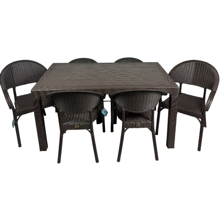 Set Masa terasa/gradina cu 6 scaune Bambu, Maro, 150x90x77 cm, plastic, aspect ratan