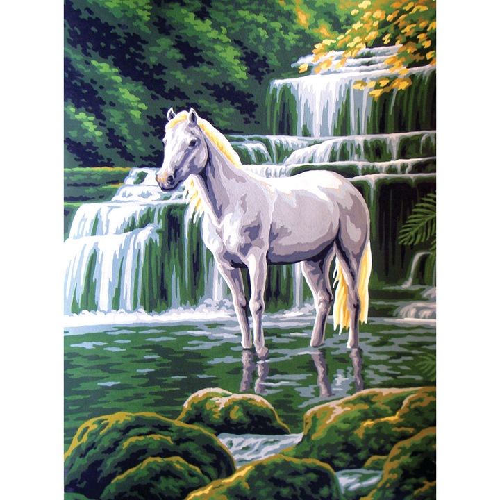 Goblen imprimat pe panza fara ate Collection D`Art "Cal alb la cascada" 30x40 cm