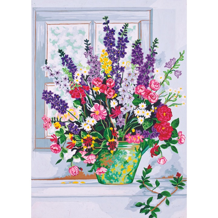 Goblen imprimat pe panza fara ate Collection D`Art "Flori de gradina in ulcior verde" 50x70 cm