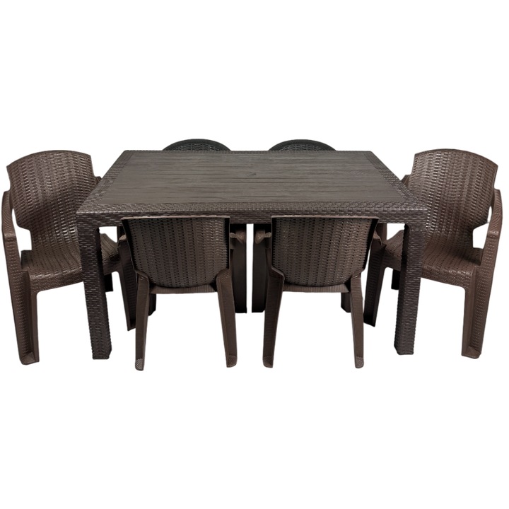 Set mobilier gradina Masa 150x90x77cm cu 6 scaune, Maro, aspect ratan, plastic