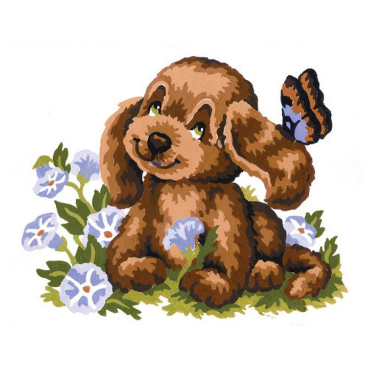 Goblen imprimat pe panza fara ate Collection D`Art "Catelus si fluture" 14x18 cm