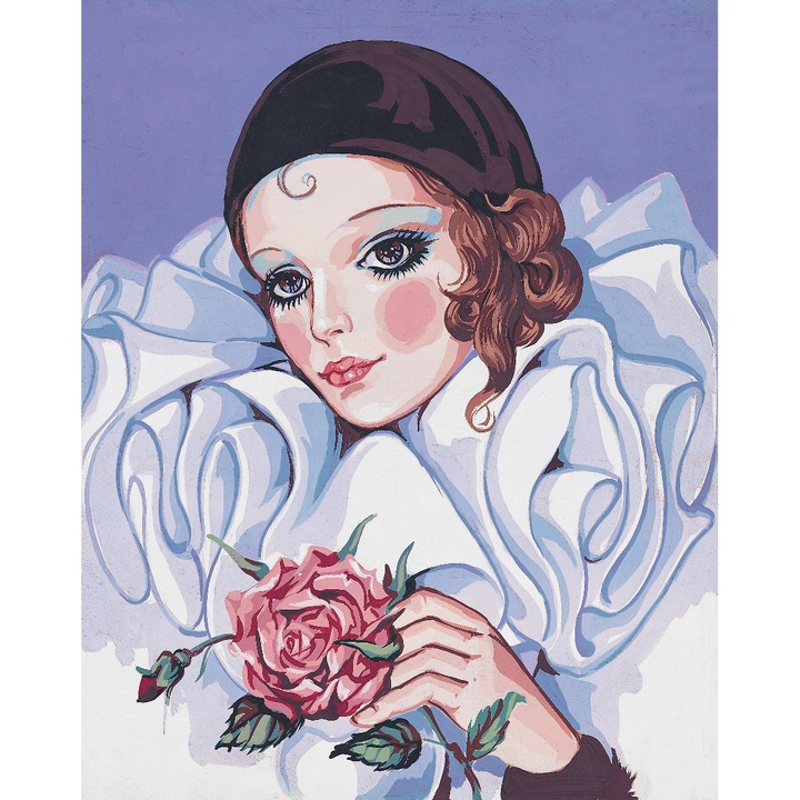 Goblen imprimat pe panza fara ate Collection D`Art "Pierrot cu trandafir" 38x47 cm