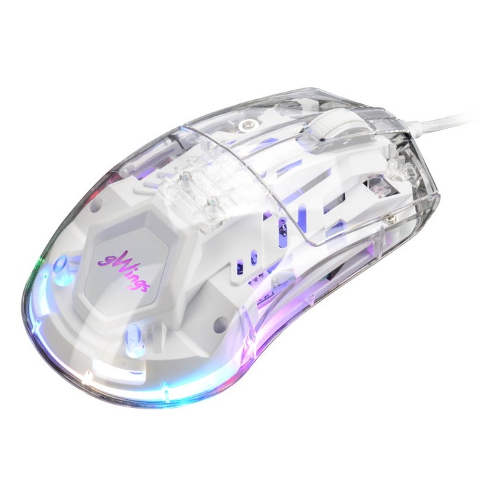 Mouse Gamer gWings GW9500M, 6 butoane, 10000 DPI, Alb Transparent