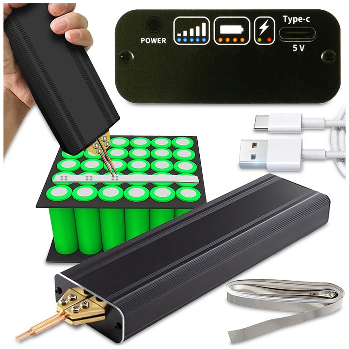 Kézi hegesztőgép, hordozható, kompakt és precíz, LCD kijelző, 5000 mAh, 800 A, 251x58x25mm