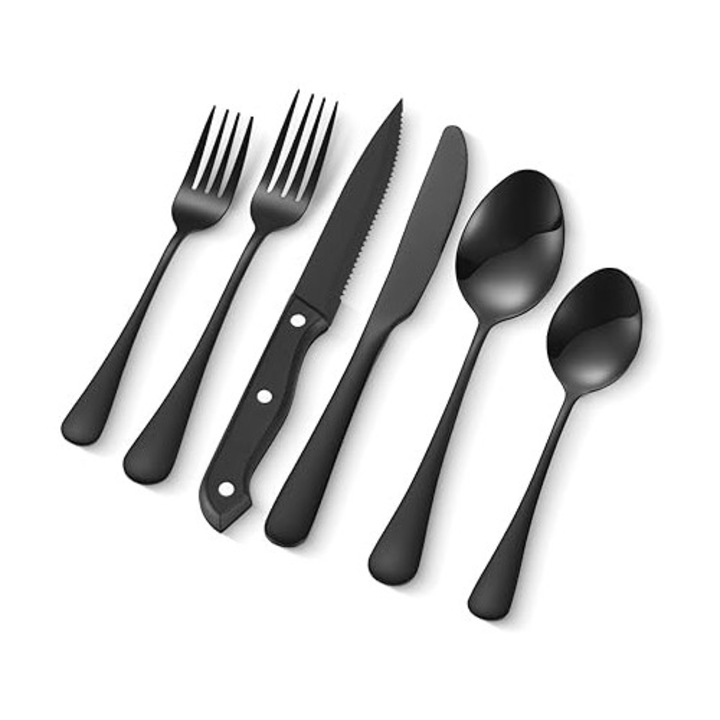 Set de tacamuri VEVOR, 48 de piese, din otel inoxidabil alimentar, cu finisaj lucios oglinda, sigur pentru masina de spalat vase, pentru 8 persoane, include cutit, furculita si lingura
